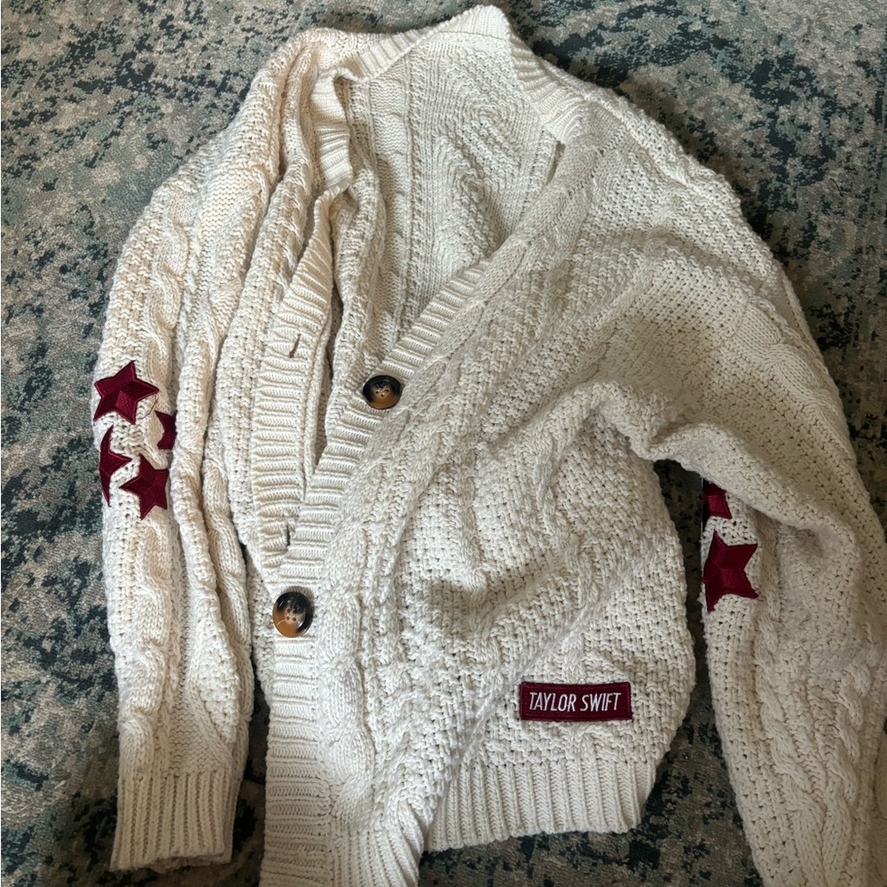 Taylor Swift Cream Cardigan with Red Star Patches